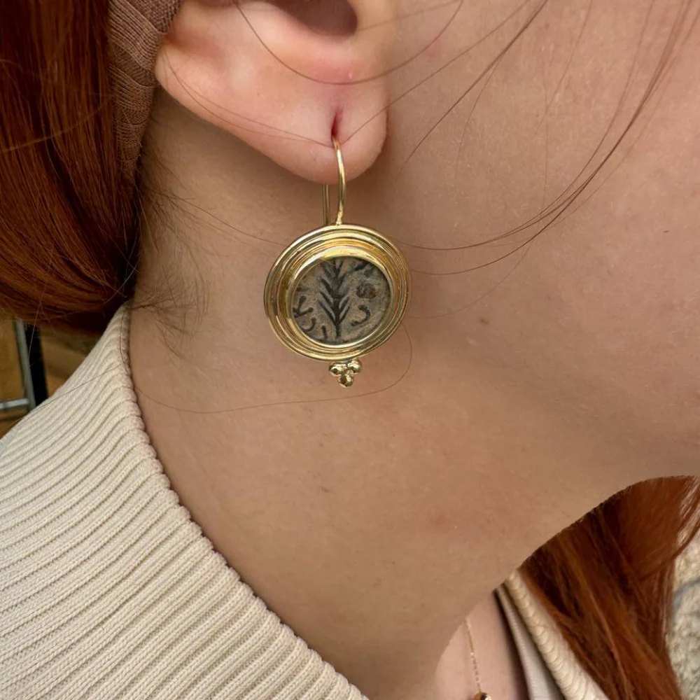 Ancient Pruta Coin (Roman Procurators Coin) Earrings in 14k Gold - Image 4