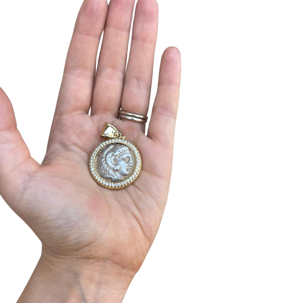 Diamond Alexander Ancient Coin 14k Yellow Gold Pendant - Image 5
