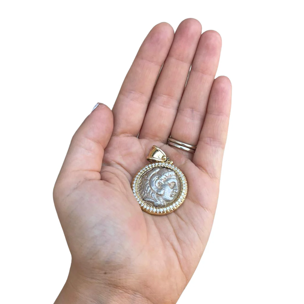 Diamond Alexander Ancient Coin 14k Yellow Gold Pendant - Image 6