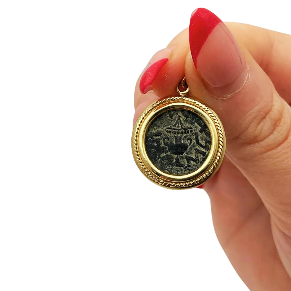 Masada Coin Pendant in 14K Gold with Spiral Frame Border - Image 2