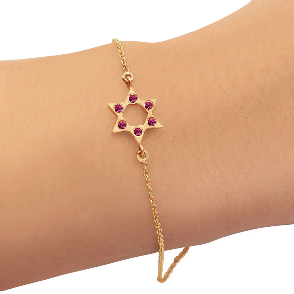 Star of David with Pink Rubies 14K Gold Charm Bracelet - Image 3
