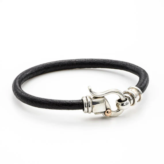 Black Leather Bracelet with Sterling Silver Hook