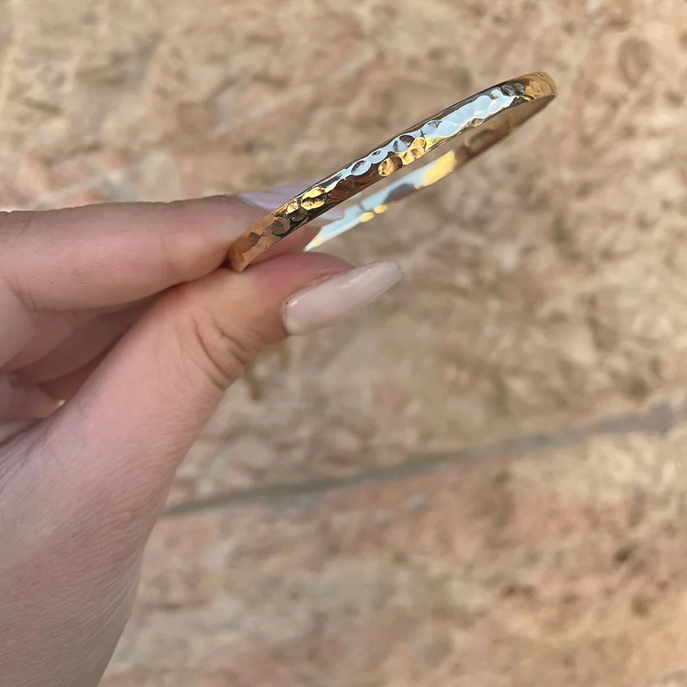 Slender Hammered 14k Gold Bangle - Image 5