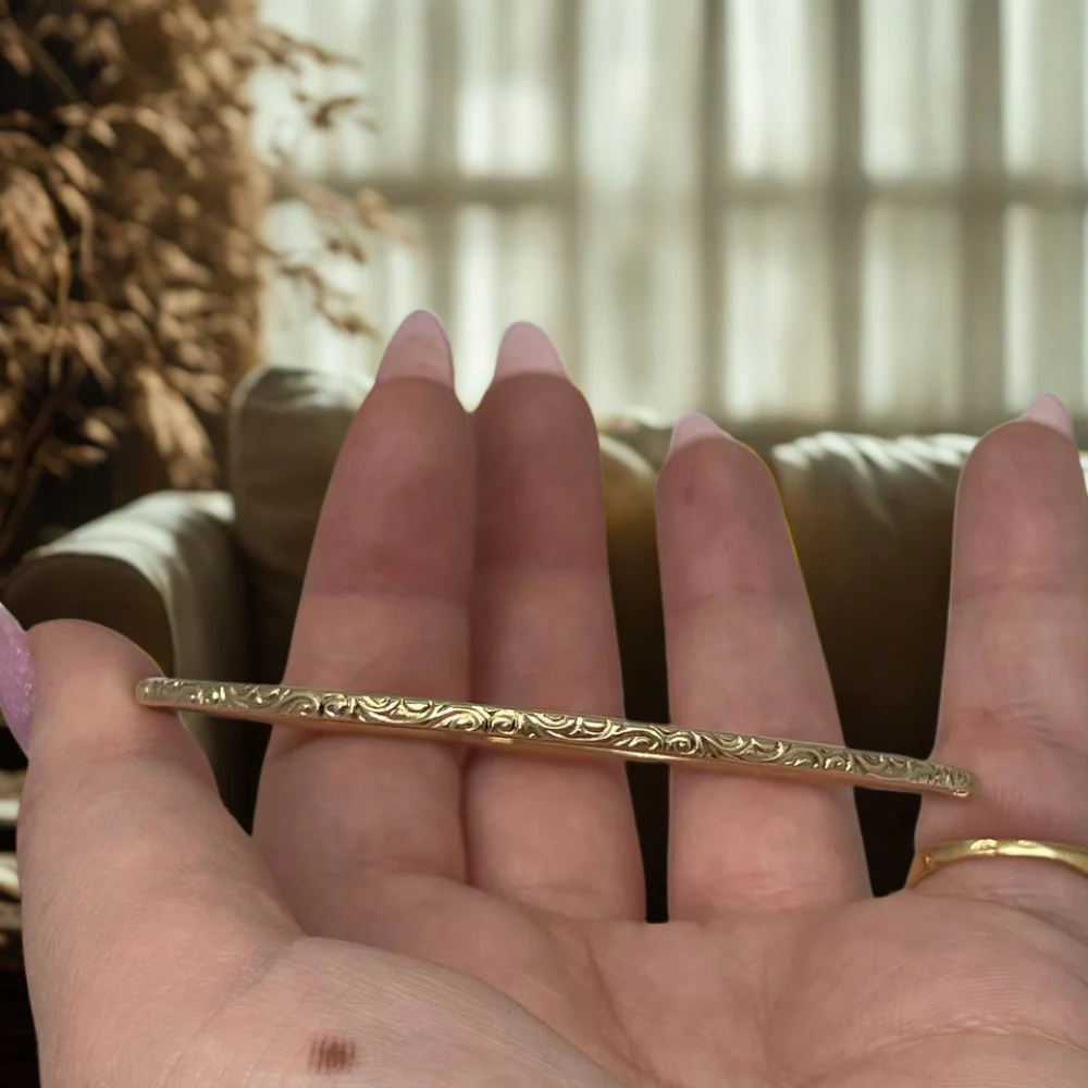 14K Gold Moroccan Bangle - Thin with Etched Design - Image 4