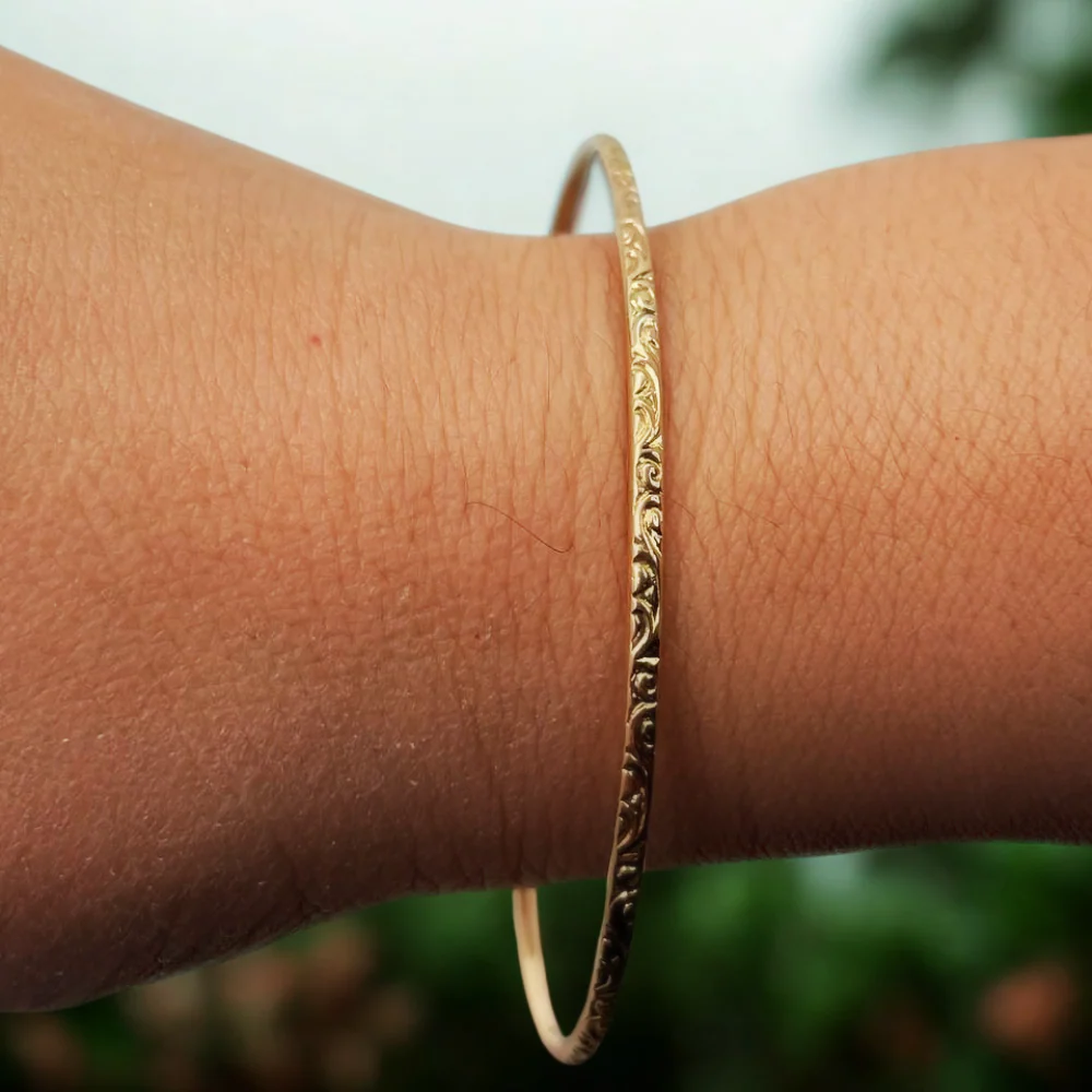 14K Gold Moroccan Bangle - Thin with Etched Design - Image 6