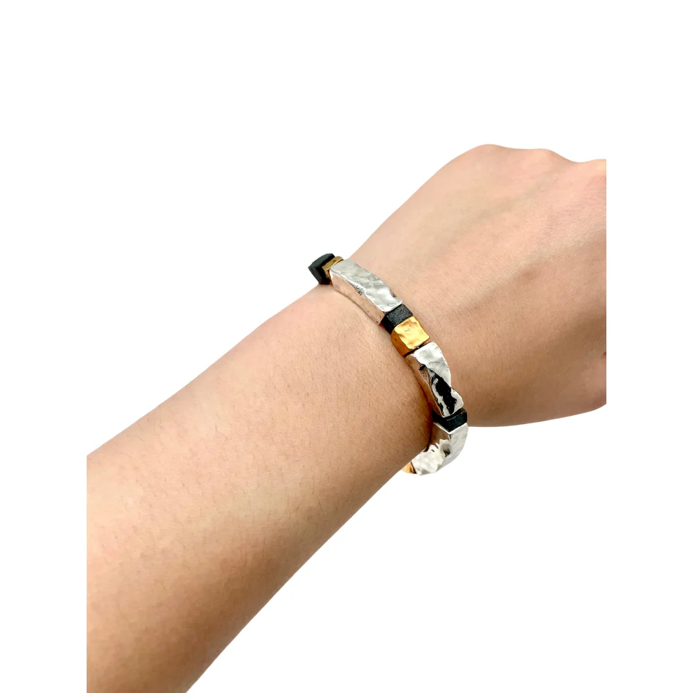 Hammered Silver and Gold Plated Block Israeli Bracelet - Image 5
