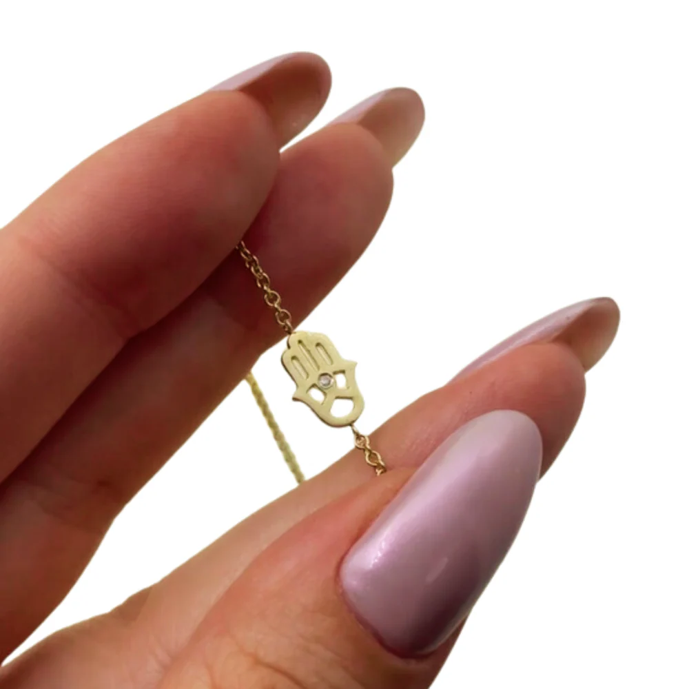 Hamsa Chain Bracelet in 14K Gold and Diamond - Image 5