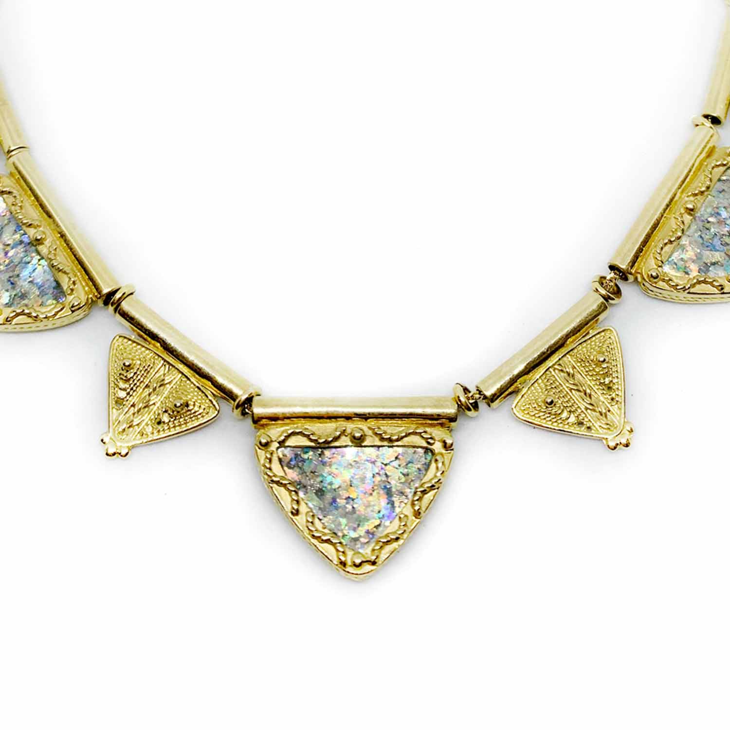 Triangular Roman Glass Filigree Ethnic 14k Gold Necklace - Image 2