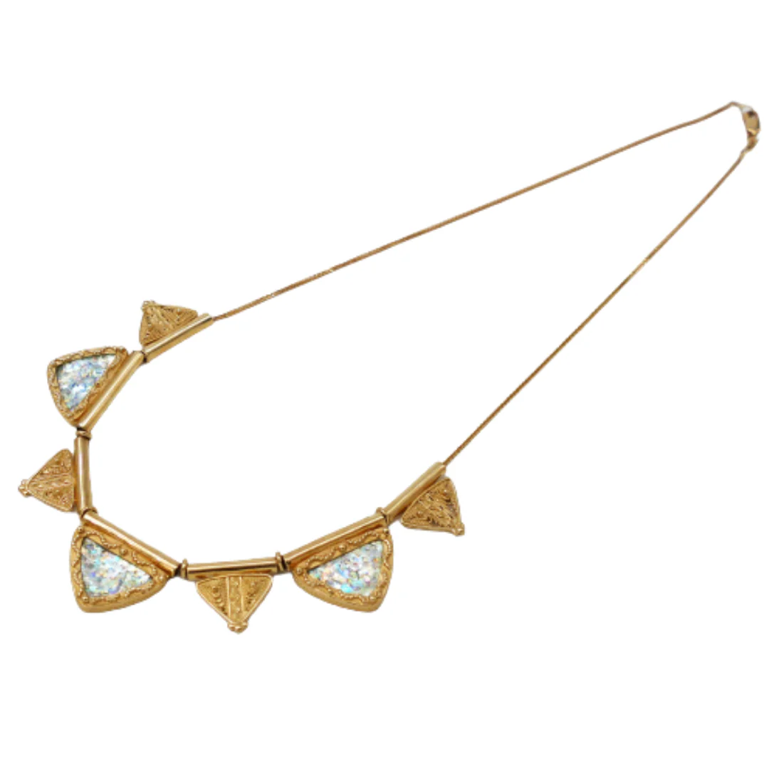 Triangular Roman Glass Filigree Ethnic 14k Gold Necklace - Image 3