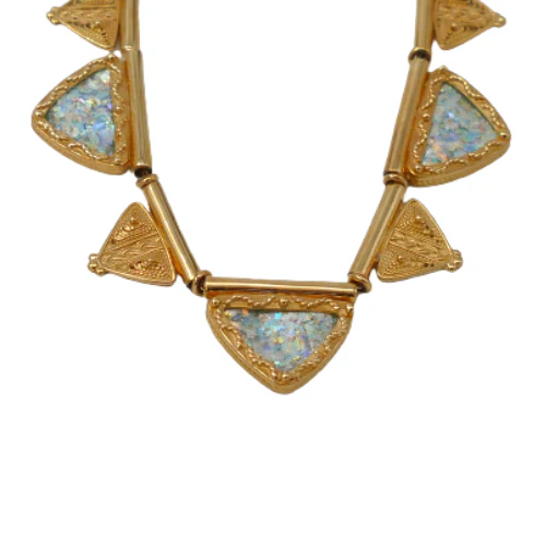 Triangular Roman Glass Filigree Ethnic 14k Gold Necklace - Image 4