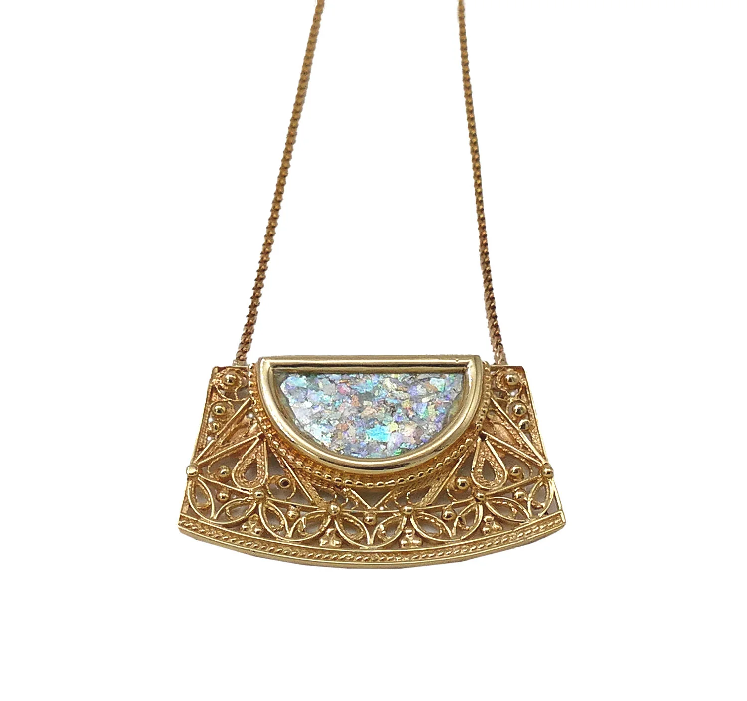 Roman Glass Necklace - 14k Gold Filigree Trapezoid Half Moon - Image 6