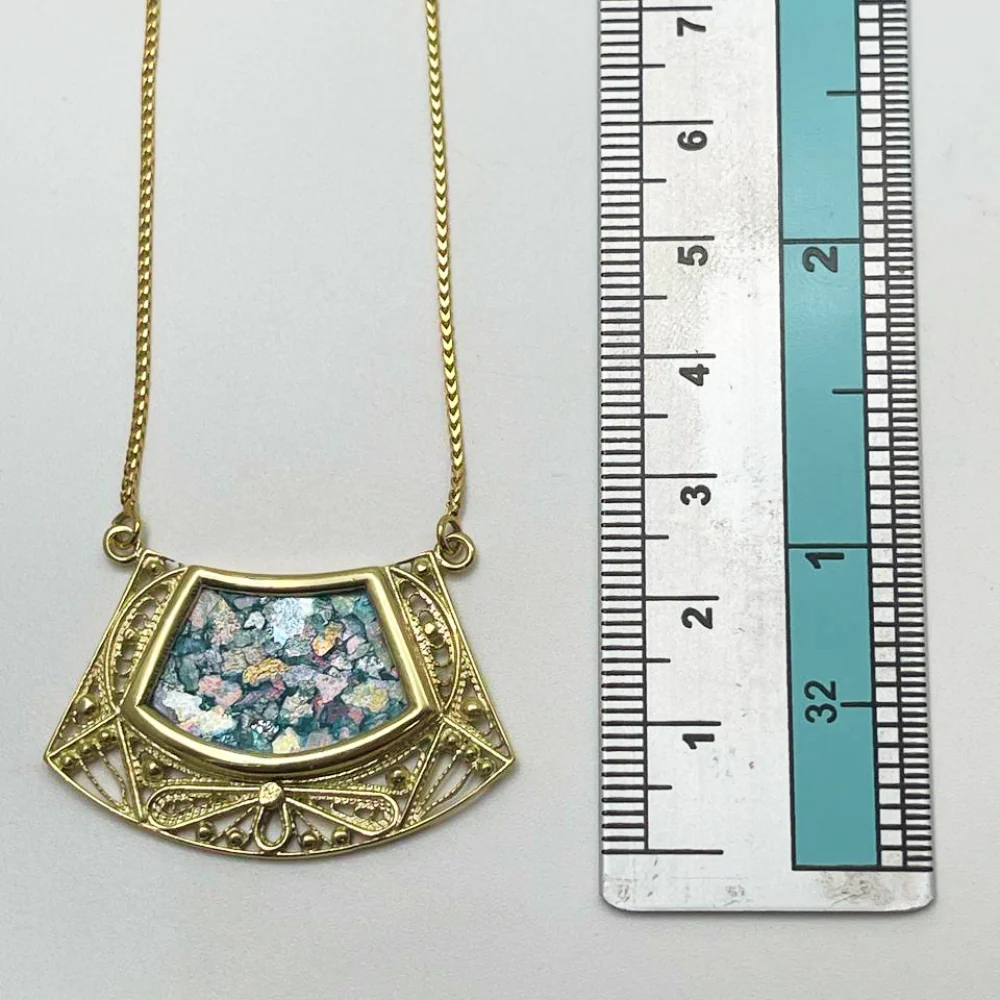 Roman Glass Necklace - 14k Gold Filigree Trapezoid Half Moon - Image 8