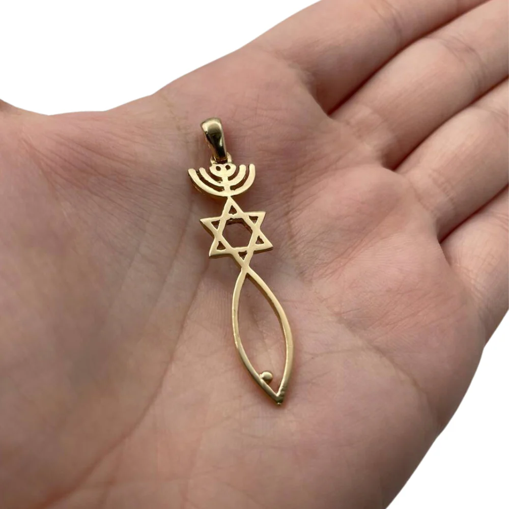 Menorah, Star of David, and Fish 14K Gold Pendant - Large - Image 2