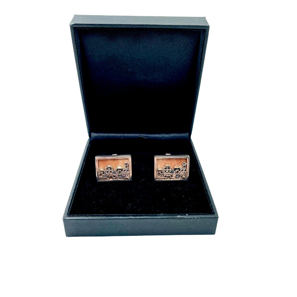 Jerusalem Skyline Cufflinks in Silver and Gold with Jerusalem Stone - Image 4