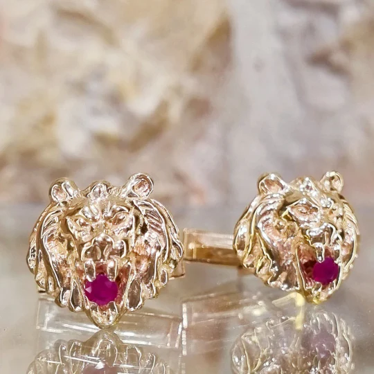 Lion of Judah Ruby Cufflinks in 14k Gold - Image 2