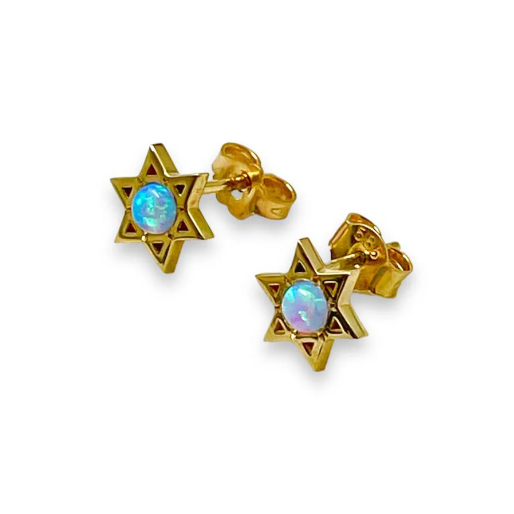 Star of David Stud Earrings with Opalite in 14K Gold - Image 5