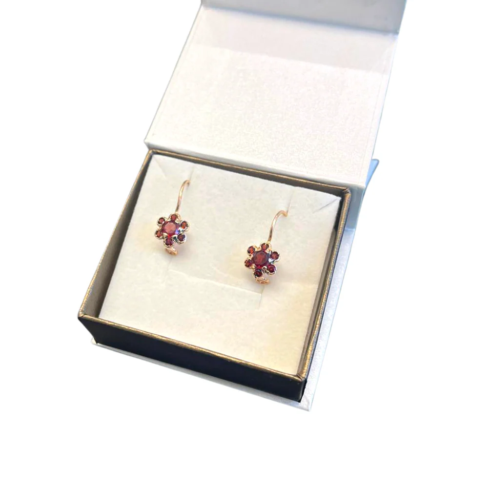 Flower Shaped Red Garnet 14k Rose Gold Earrings - Image 2