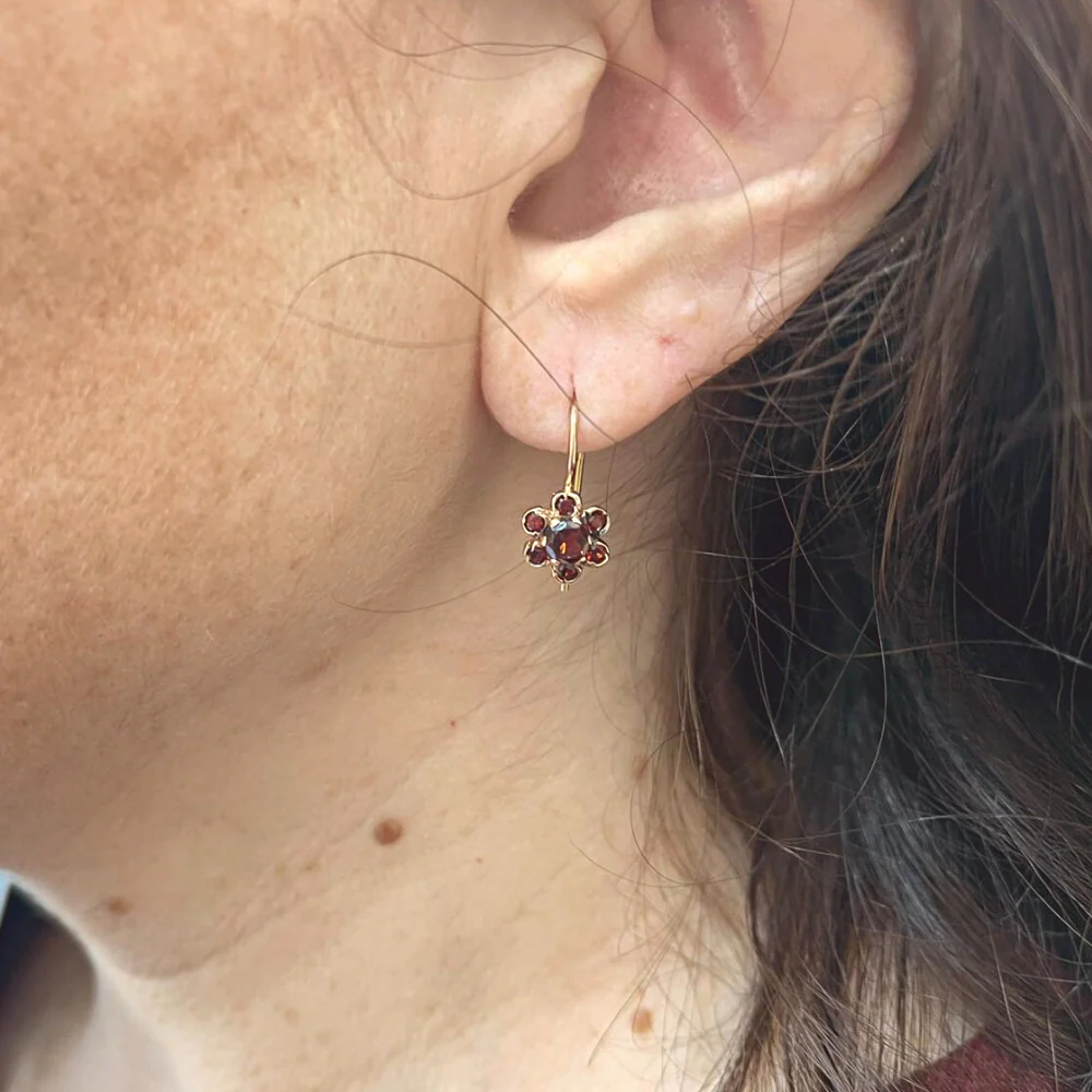 Flower Shaped Red Garnet 14k Rose Gold Earrings - Image 4