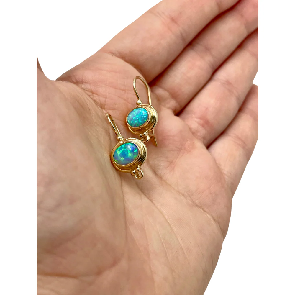 Blue Opal 14k Yellow Gold Hook Round Ethnic Oval Earrings - Image 5