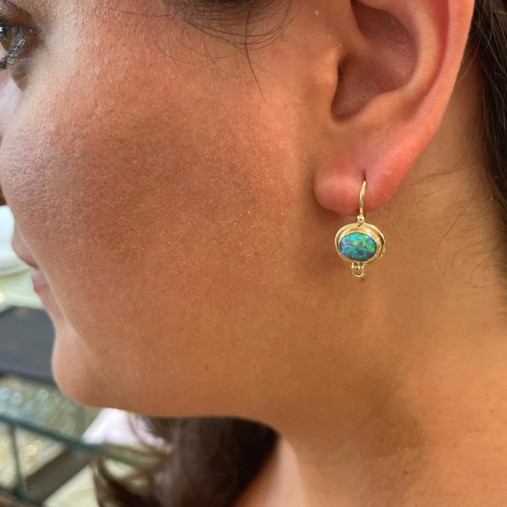 Blue Opal 14k Yellow Gold Hook Round Ethnic Oval Earrings - Image 6