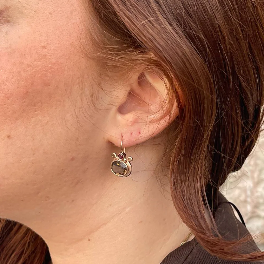 14k Rose Gold Smoky Topaz Garnets Pomegranate Hook Earrings - Image 7