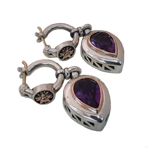 Dangle Earings With Silver, Gold, and Amethyst Gemstone - Image 2