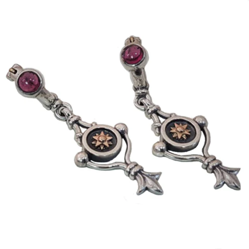 Gold and Silver Round Dangle Earrings With Garnet Gemstone