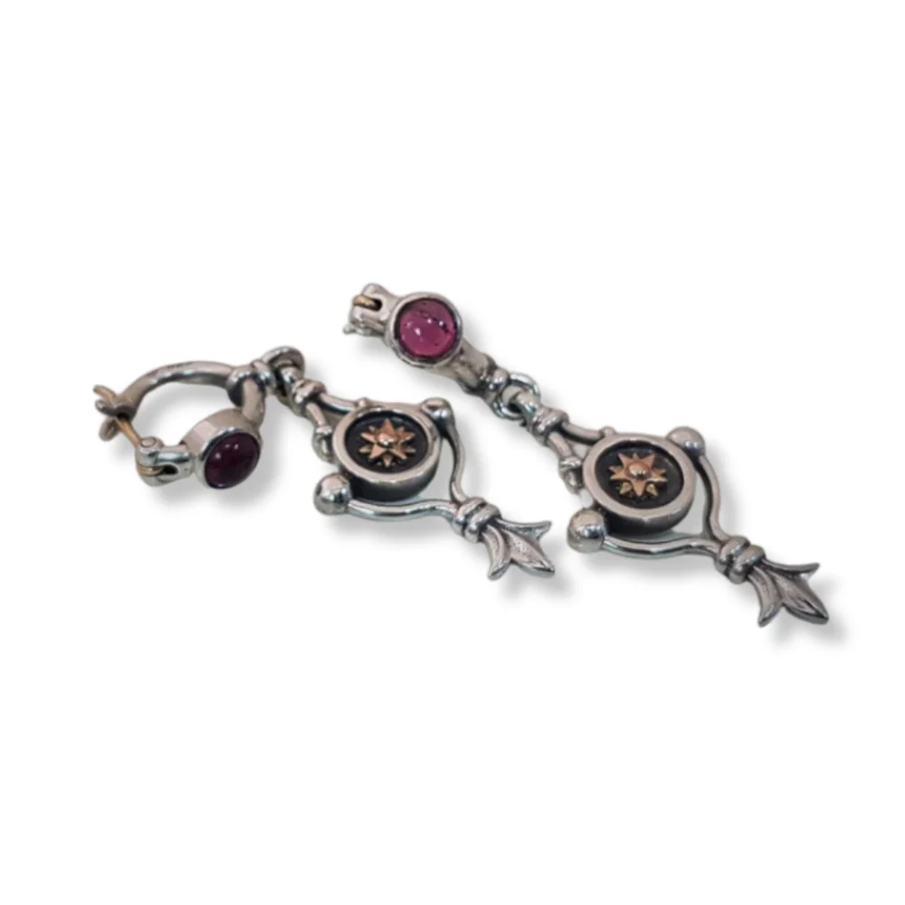 Gold and Silver Round Dangle Earrings With Garnet Gemstone - Image 2