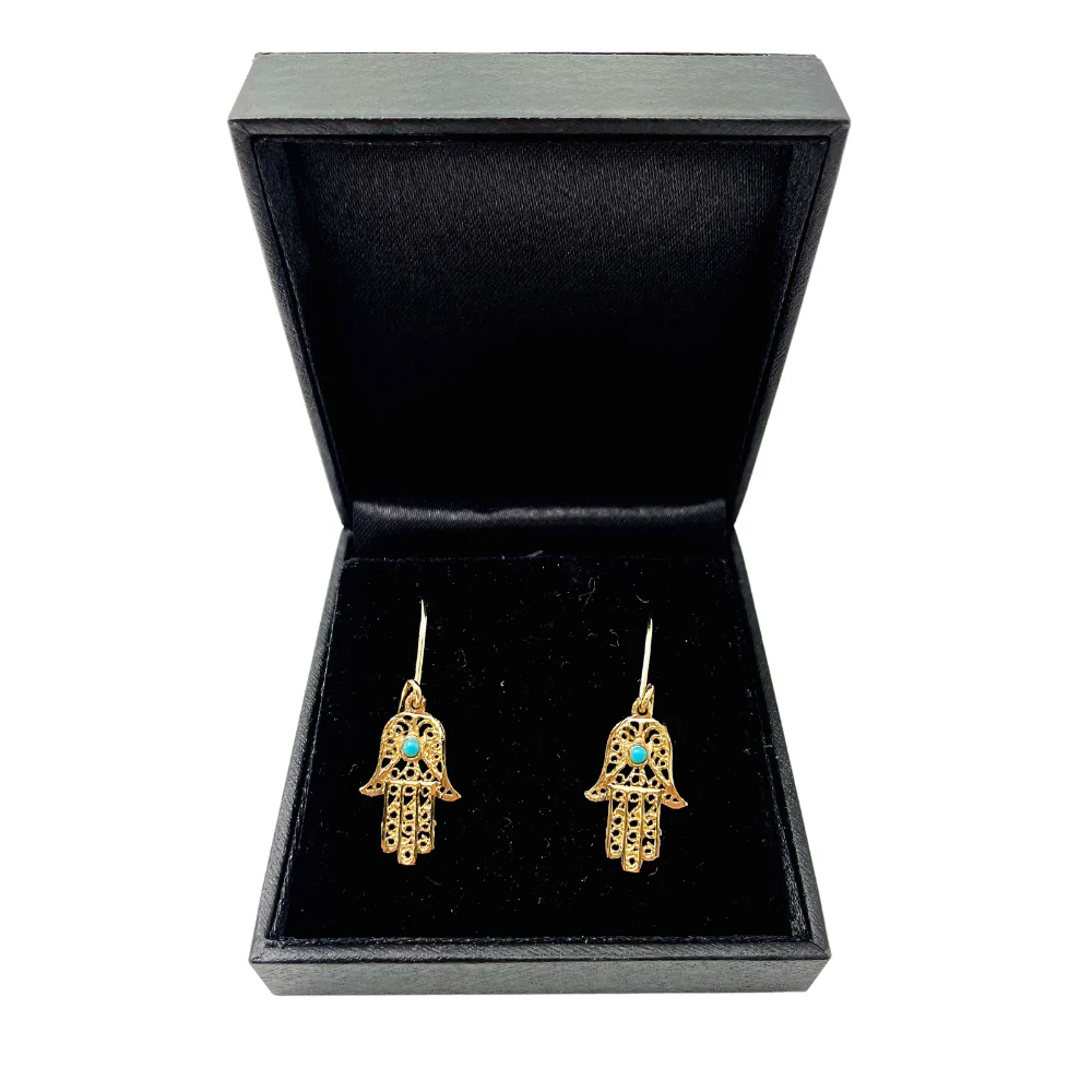 14k Gold Hamsa Earrings with Turquoise - Image 4