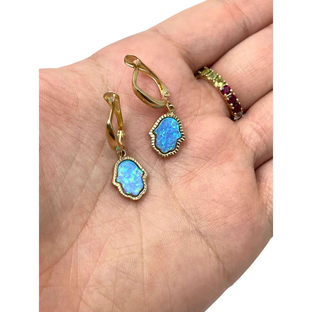 Opal Hamsa Earrings 14k Yellow Gold - Image 2