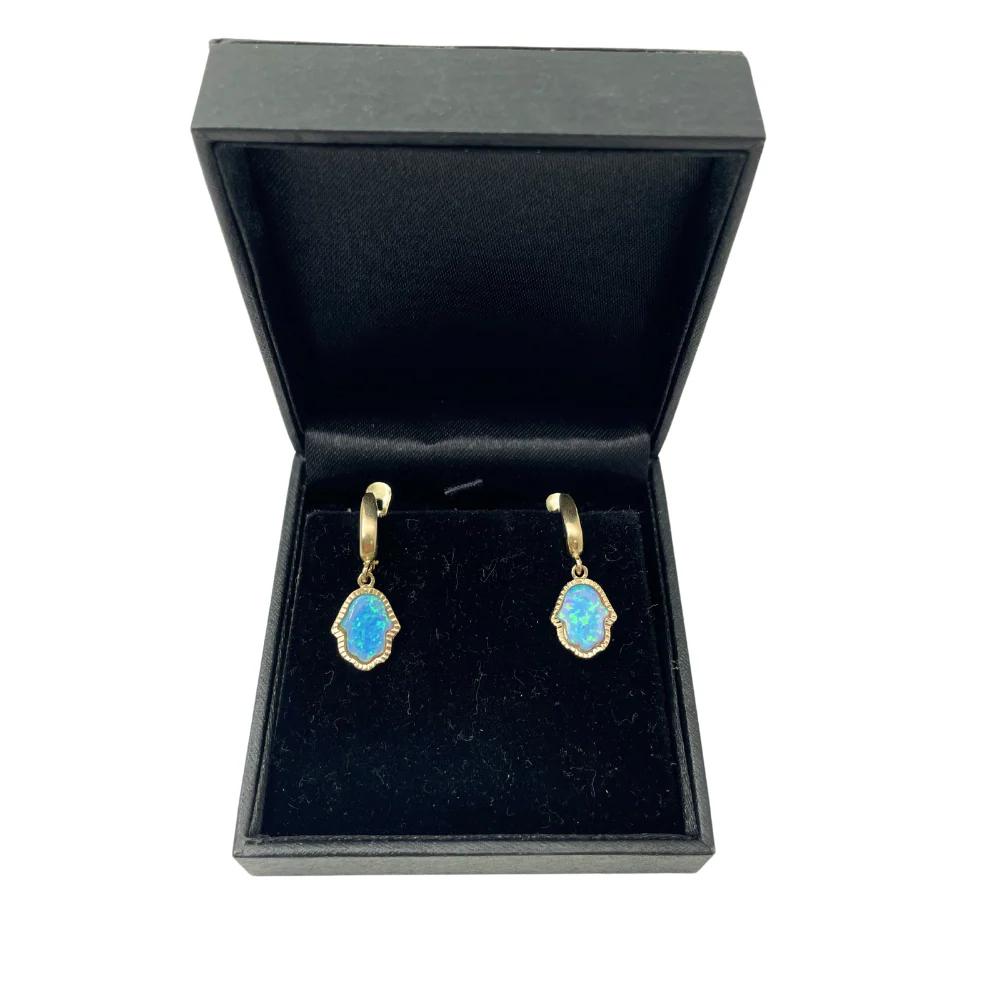 Opal Hamsa Earrings 14k Yellow Gold - Image 4
