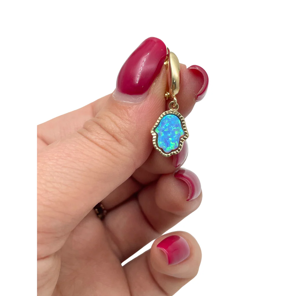 Opal Hamsa Earrings 14k Yellow Gold - Image 5