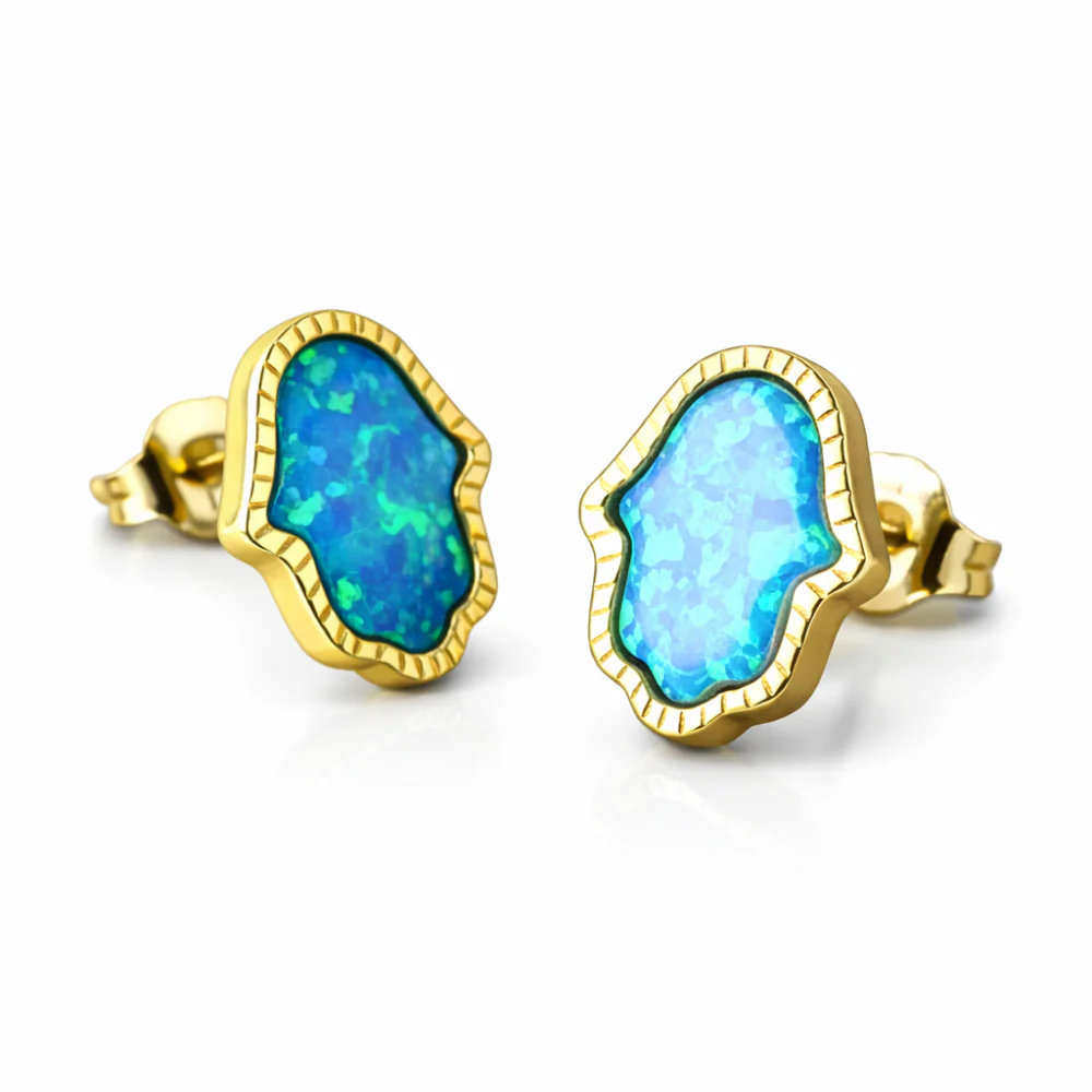Hamsa Stud Earrings with Blue Opalite in 14K Gold