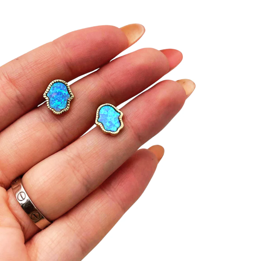 Hamsa Stud Earrings with Blue Opalite in 14K Gold - Image 2