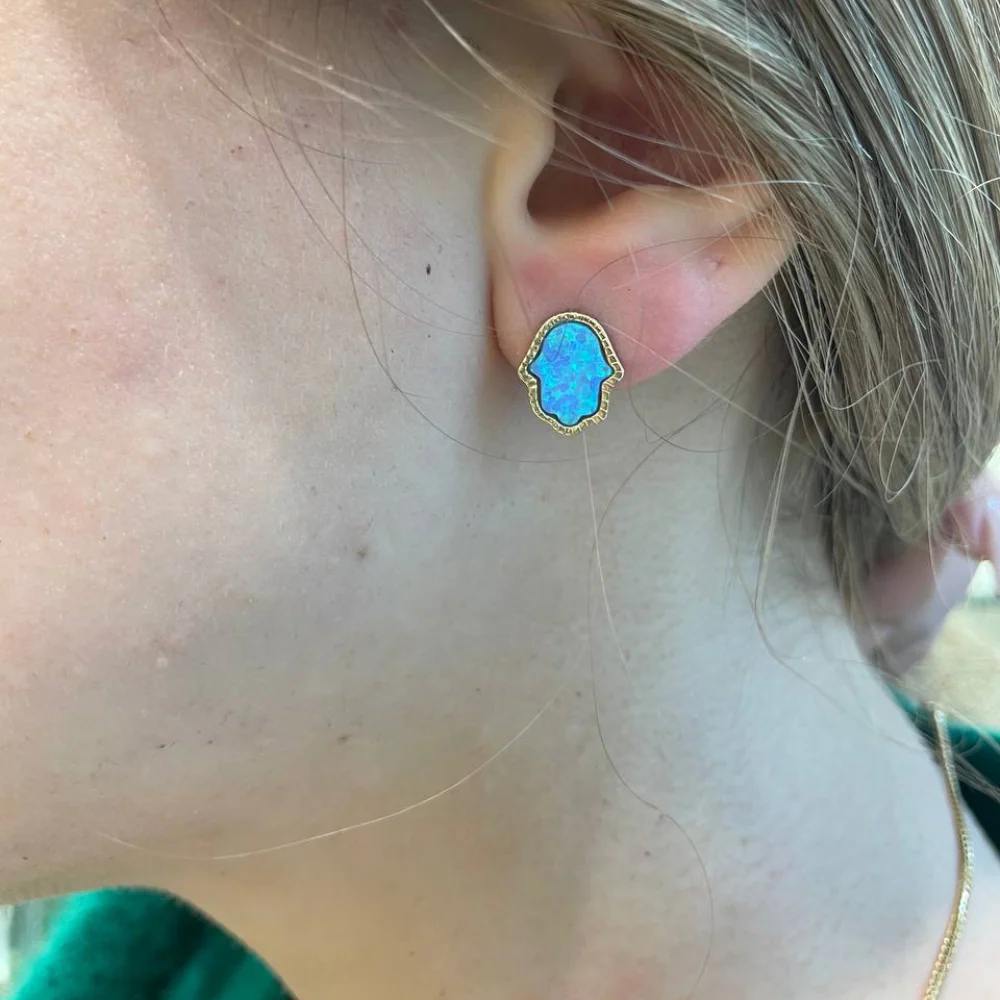 Hamsa Stud Earrings with Blue Opalite in 14K Gold - Image 3