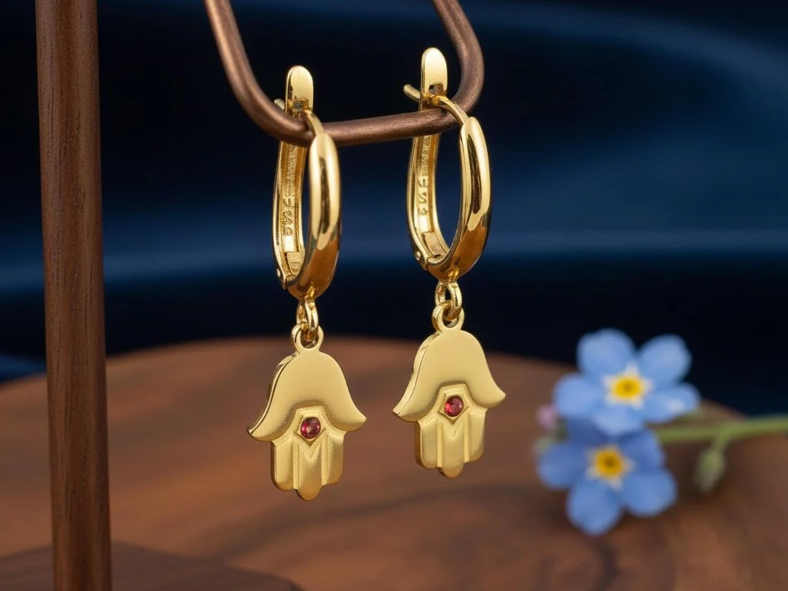 Hamsa Earrings with Ruby in 14k Gold - Image 2