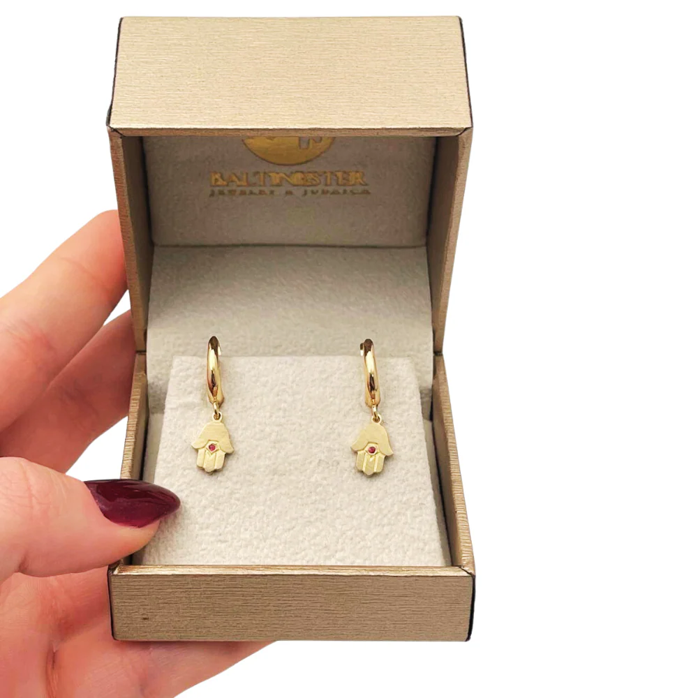 Hamsa Earrings with Ruby in 14k Gold - Image 6