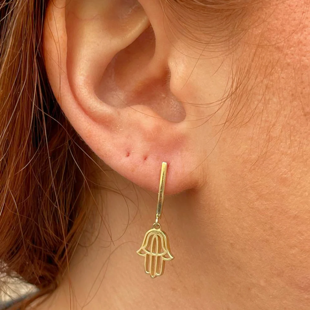 Hamsa Dangling Earrings in 14K Gold - Image 7