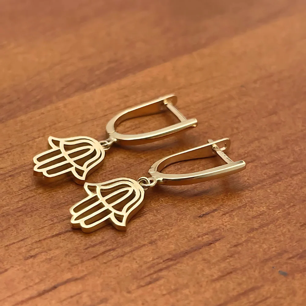 Hamsa Dangling Earrings in 14K Gold - Image 8