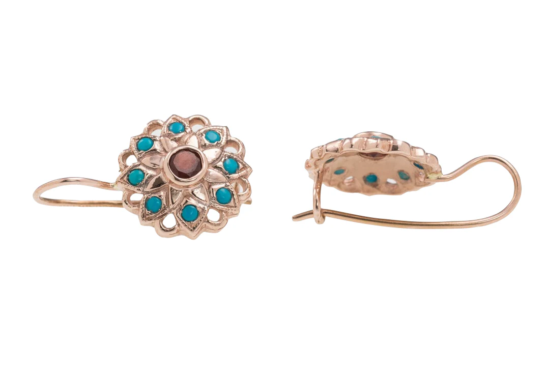 14K Rose Gold Vintage Style Flower Earrings with Garnet and Turquoise - Image 2