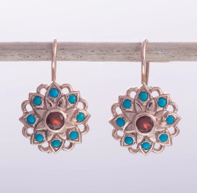 14K Rose Gold Vintage Style Flower Earrings with Garnet and Turquoise - Image 3