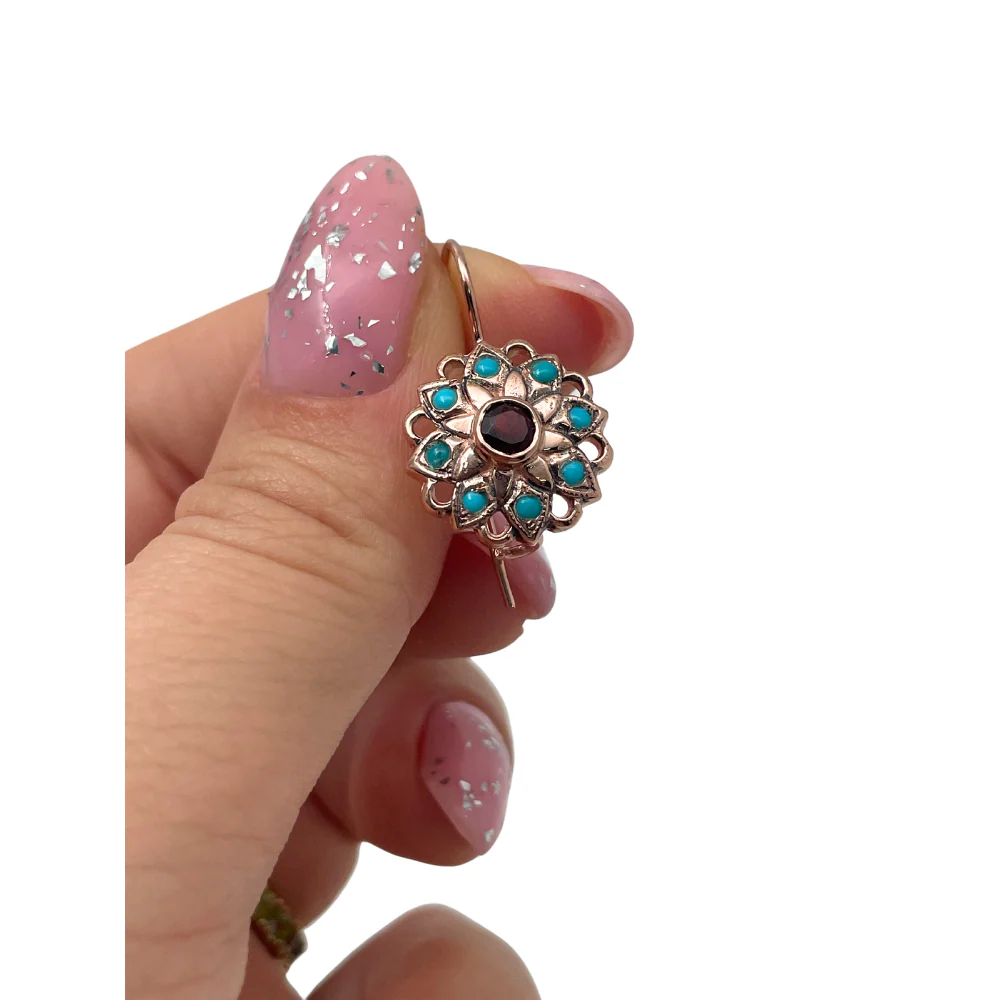 14K Rose Gold Vintage Style Flower Earrings with Garnet and Turquoise - Image 6
