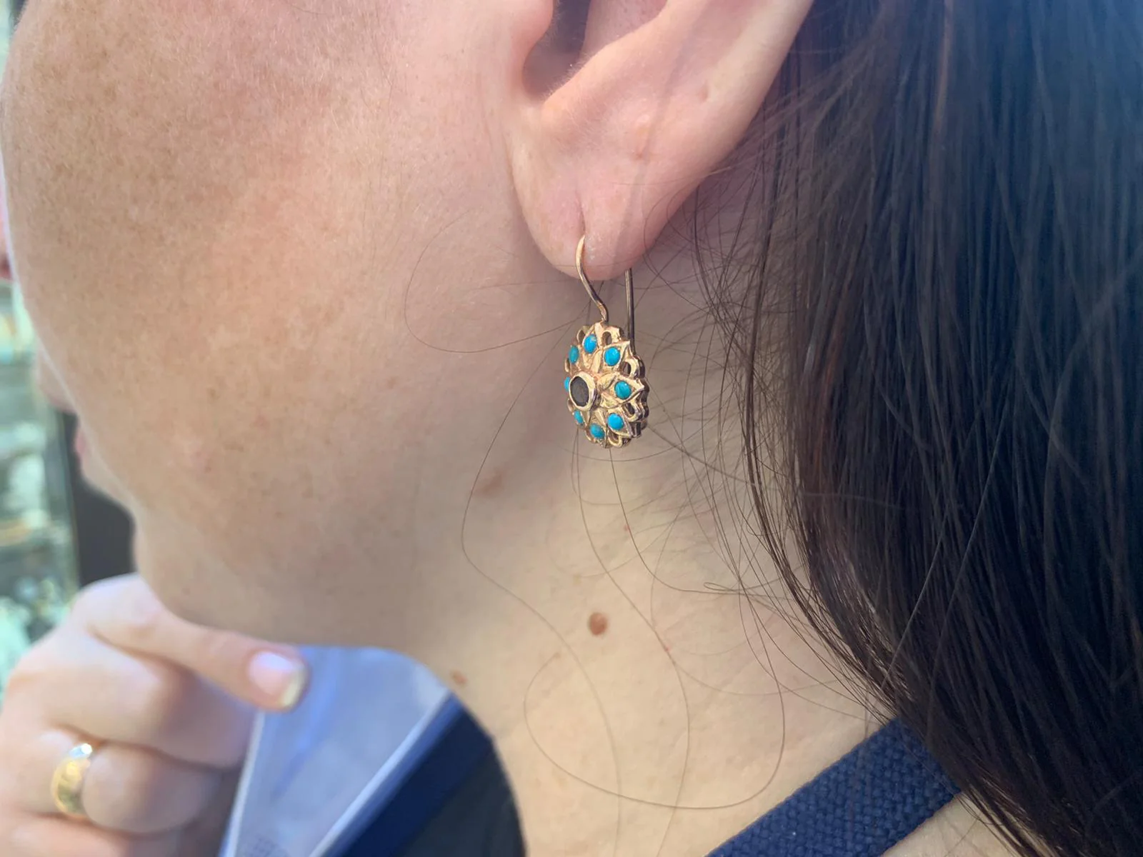 14K Rose Gold Vintage Style Flower Earrings with Garnet and Turquoise - Image 8
