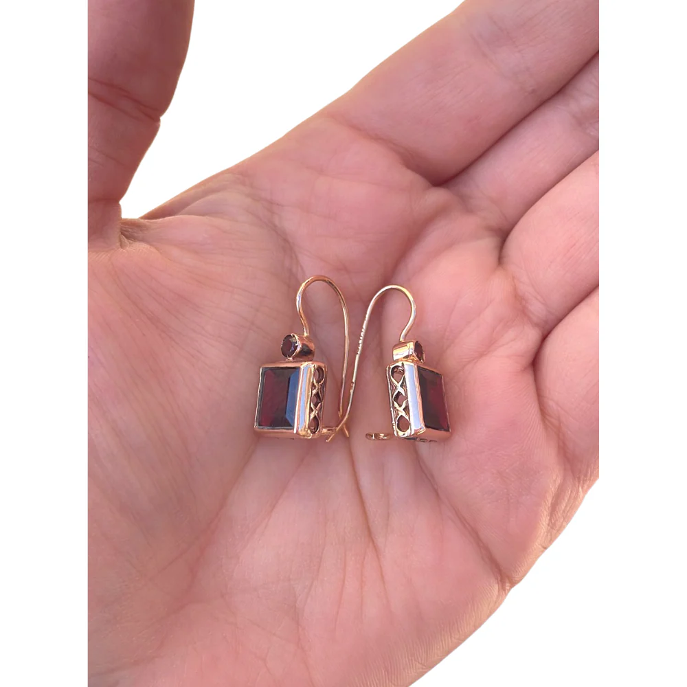 14K Rose Gold Square Garnet Earrings - Image 3