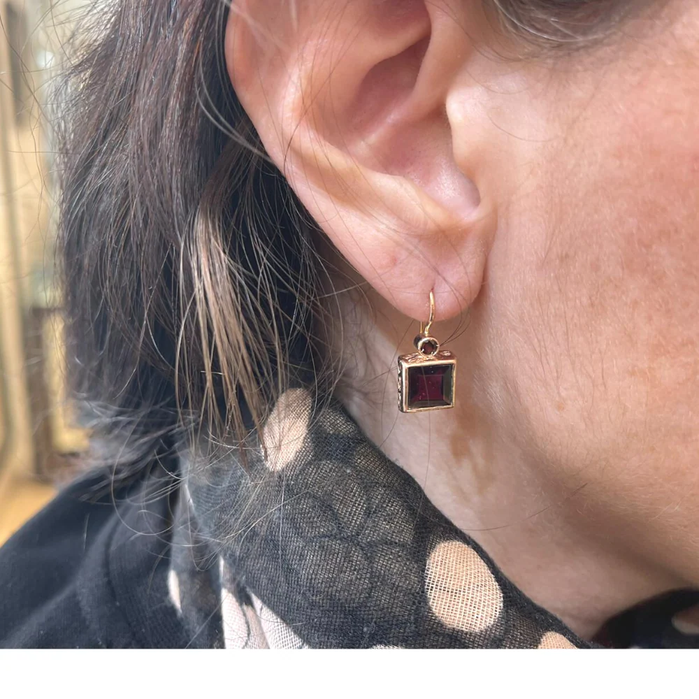14K Rose Gold Square Garnet Earrings - Image 5