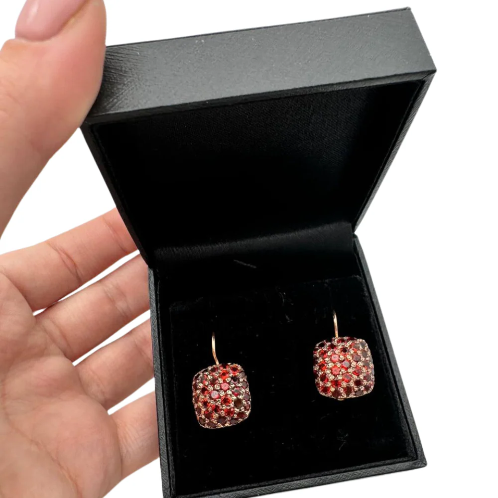 14K Rose Gold Garnet Pavé Square Earrings - Image 3