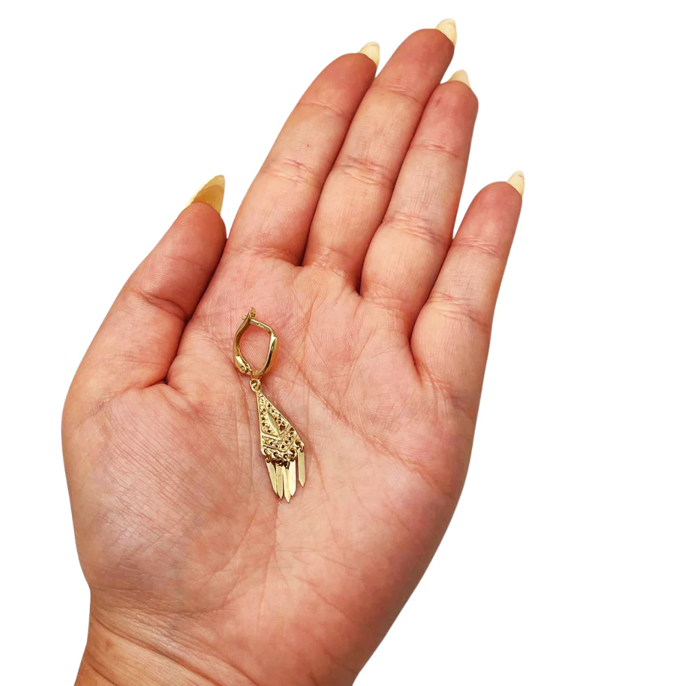 Filigree Triangle Fringe Earrings in 14K Solid Gold - Image 2