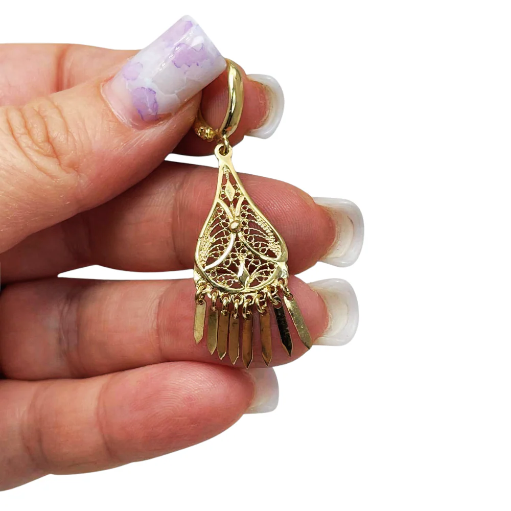 14K Gold Teardrop Fringe Filigree Earrings - Image 2