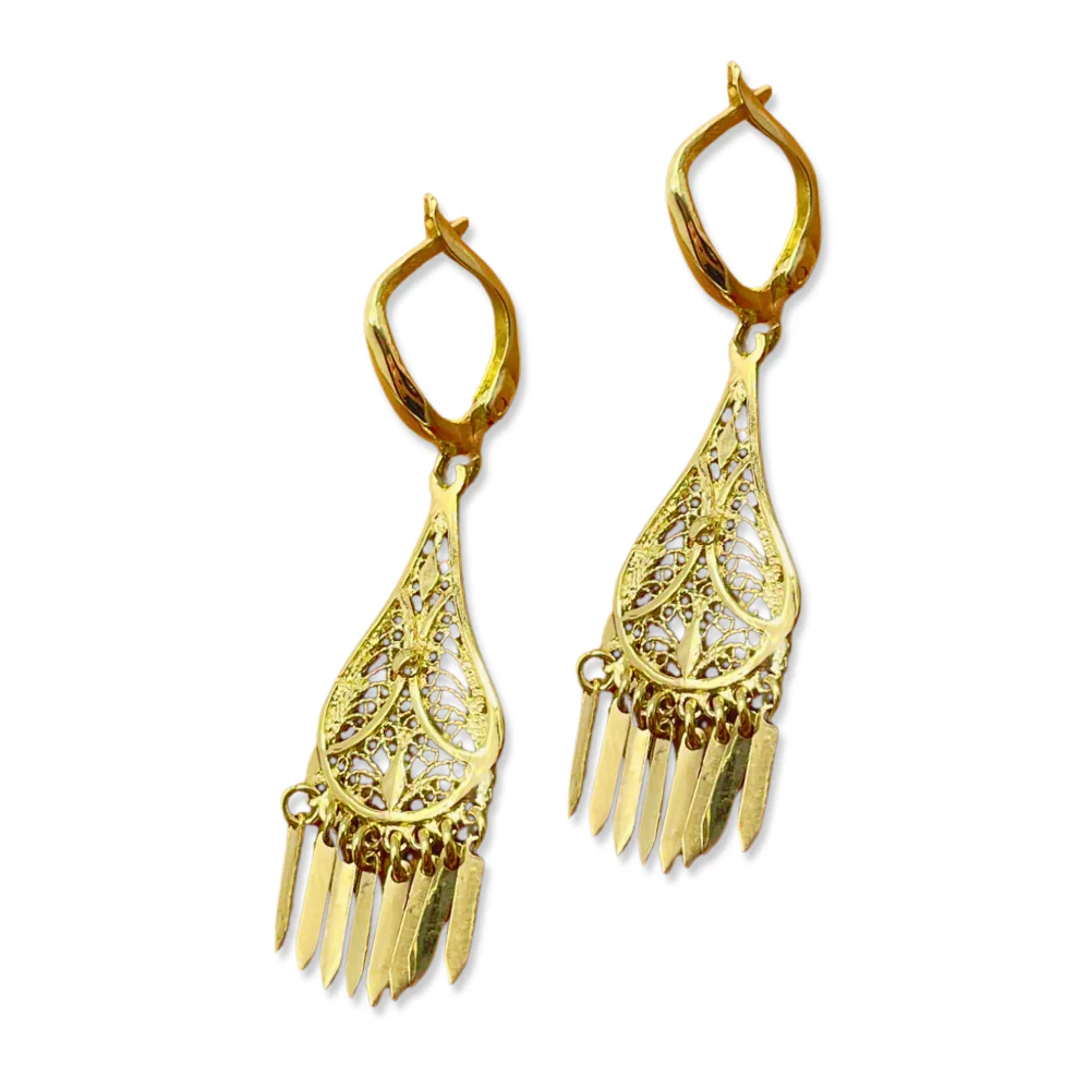 14K Gold Teardrop Fringe Filigree Earrings - Image 8