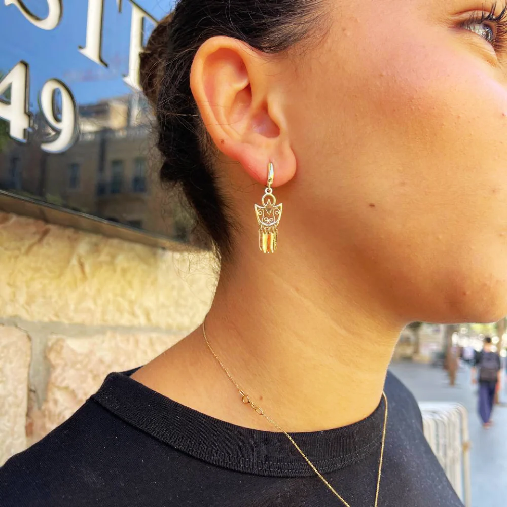 14K Gold Filigree Crescent Fringe Earrings - Image 4